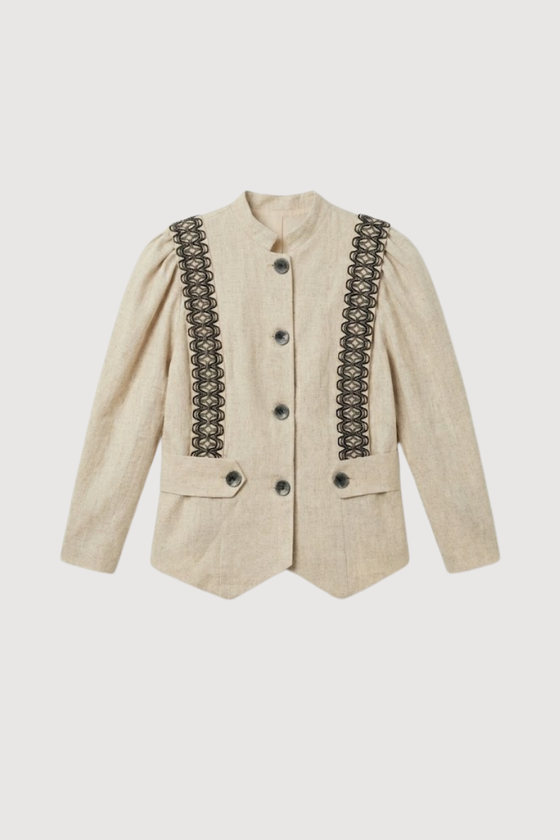 Chaqueta con hilatura dorada y manga abullonada.