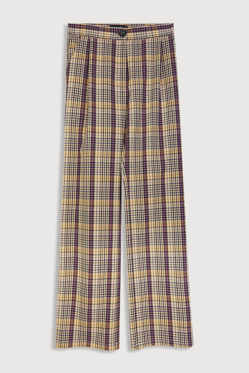 Pantalón de pinzas cuadros vainilla