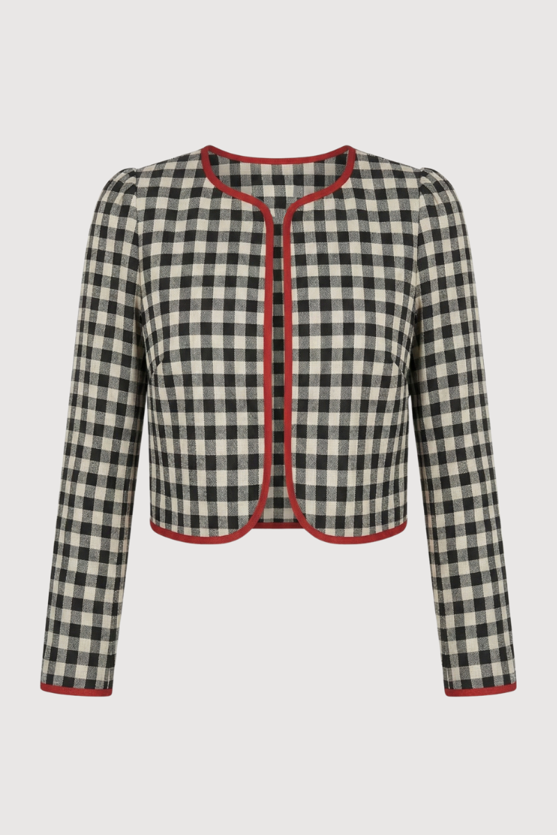 Chaqueta corta vichy viveada en color rojo.