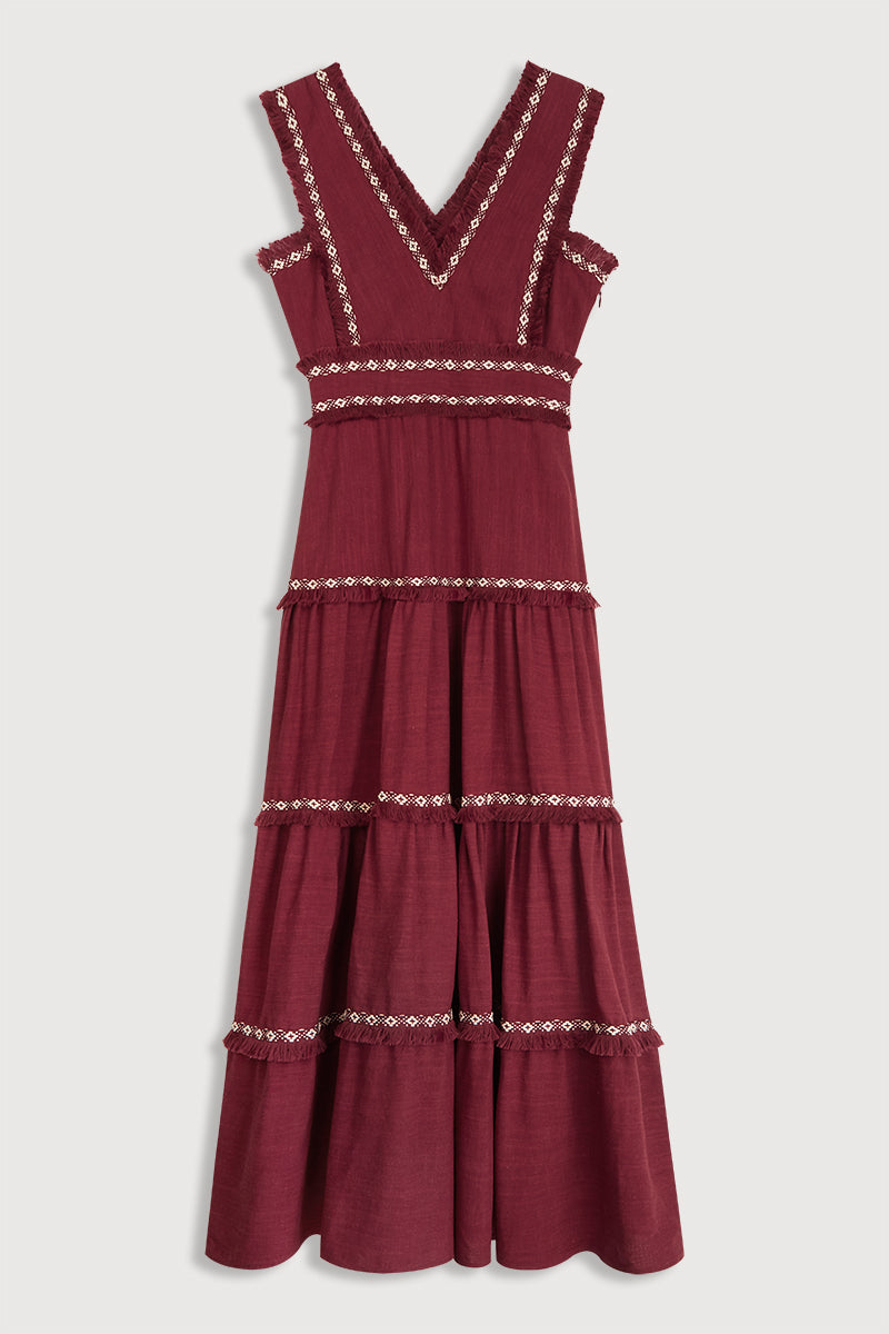 Vestido de fiesta midi de lino burdeos con flecos