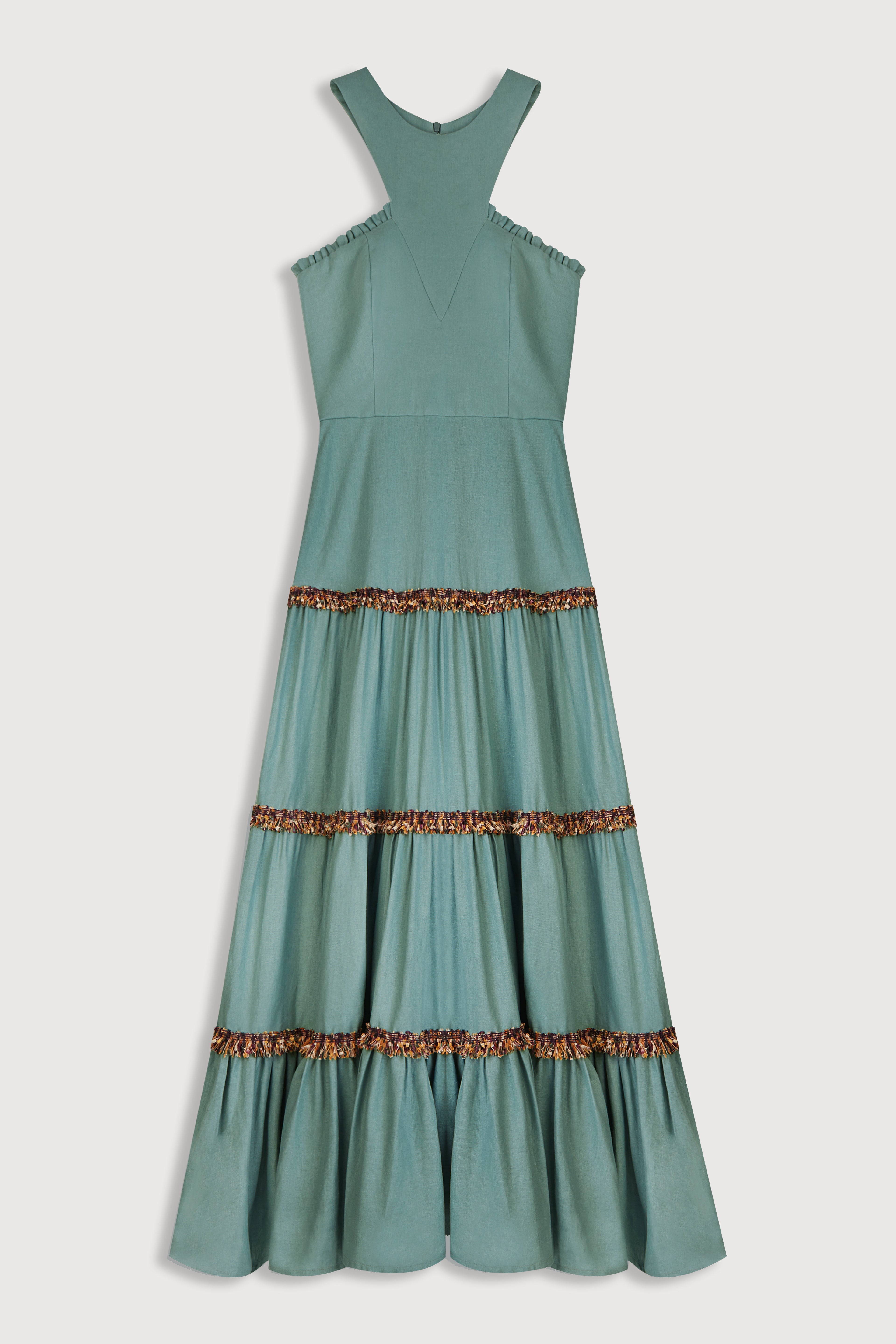 Vestido de fiesta de lino turquesa y detalles bordados 5