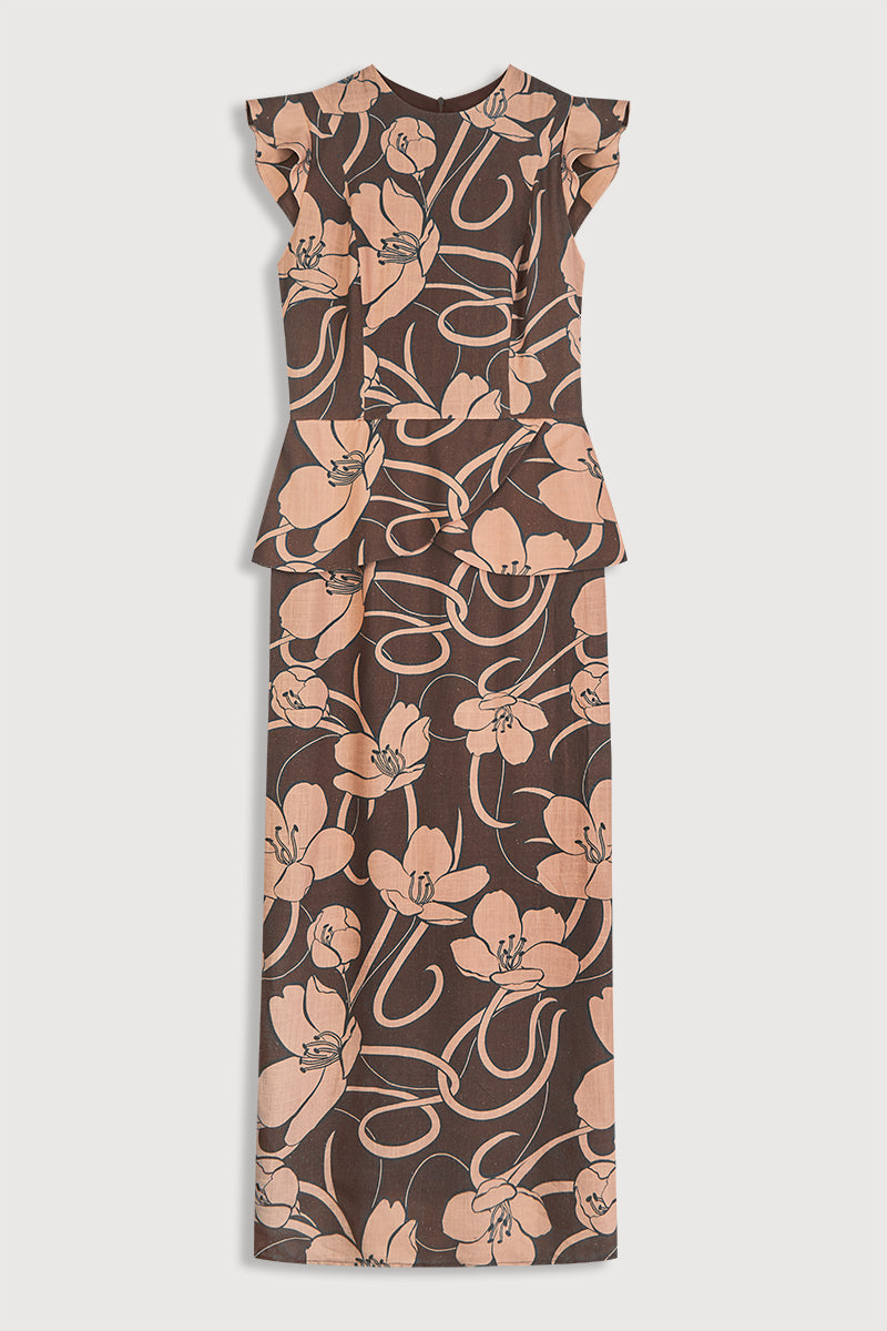 Vestido de fiesta midi estampado floral marrón