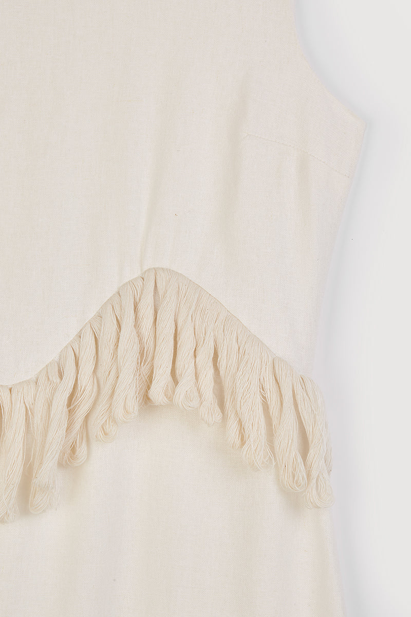Vestido de Fiesta Midi de lino blanco y Flecos