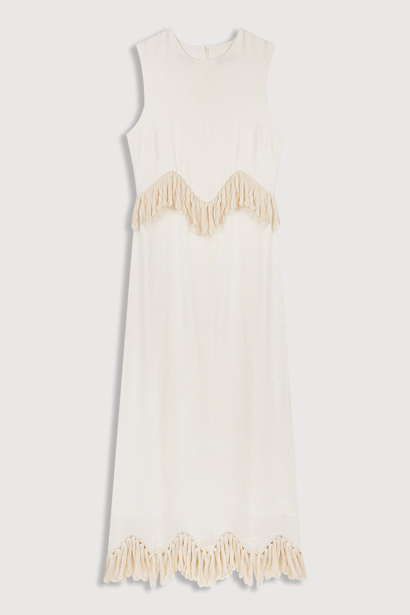 Vestido de Fiesta Midi de lino blanco y Flecos