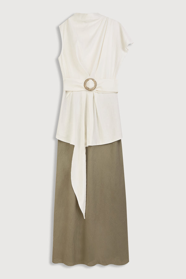 Vestido de fiesta dos piezas de lino verde y blanco