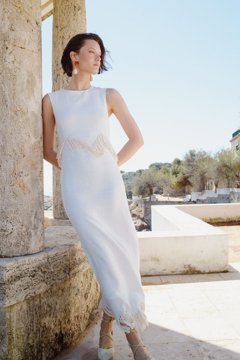 Vestido de Fiesta Midi de lino blanco y Flecos