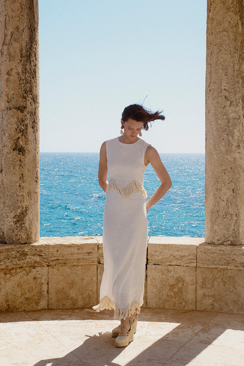 Vestido de Fiesta Midi de lino blanco y Flecos