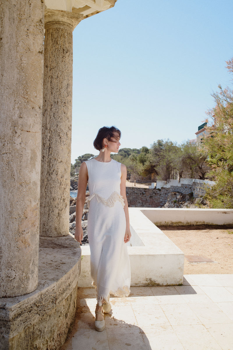 Vestido de Fiesta Midi de lino blanco y Flecos