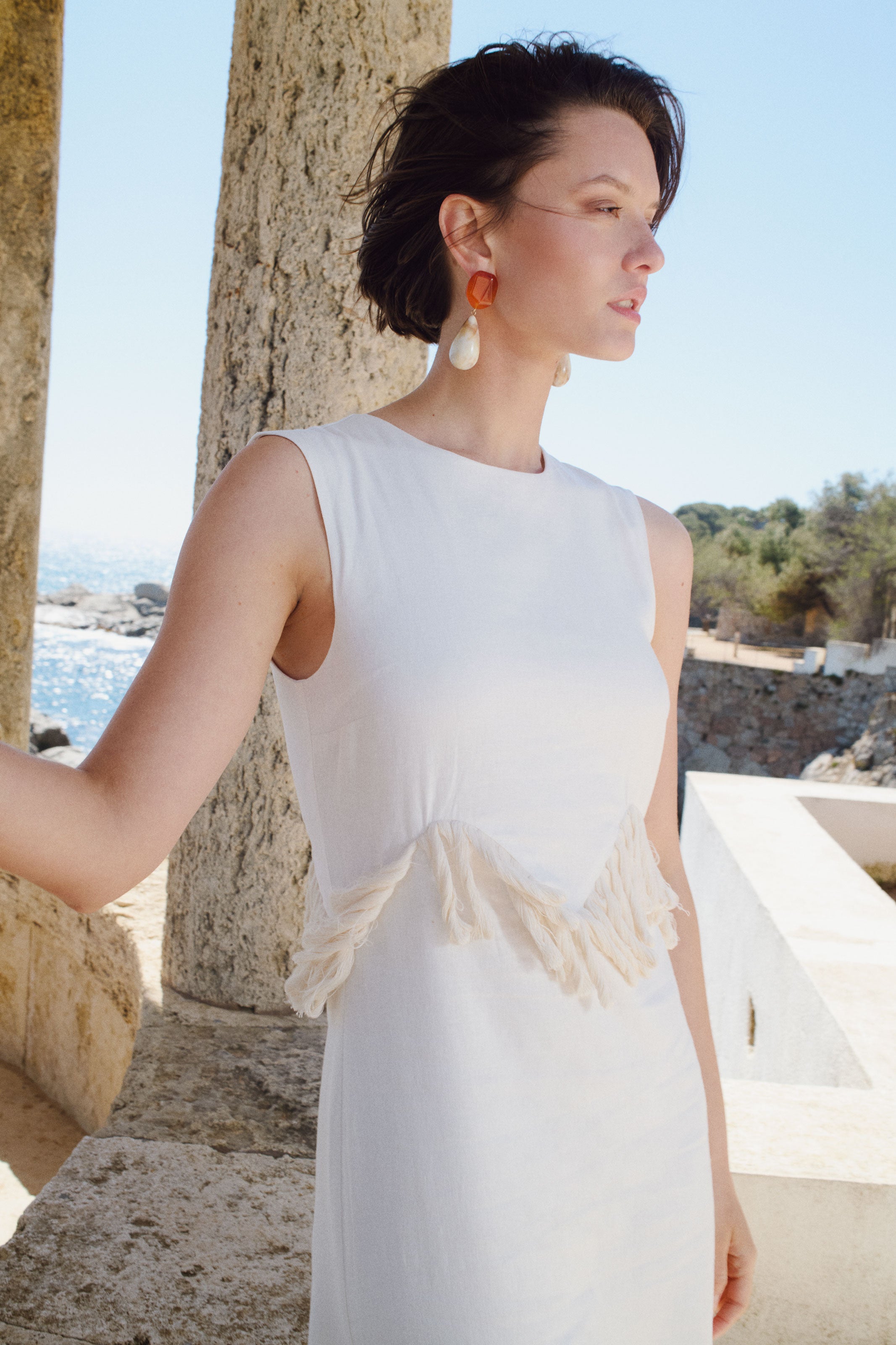 Vestido de Fiesta Midi de lino blanco y Flecos